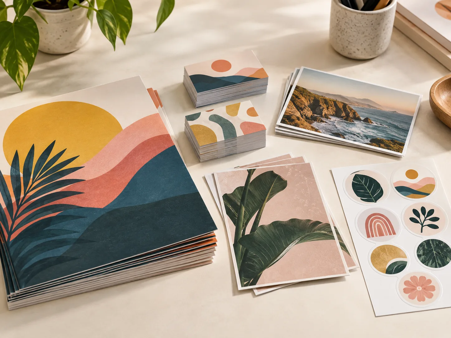 Flyers, tarjetas, postales y stickers impresos para comunicación comercial